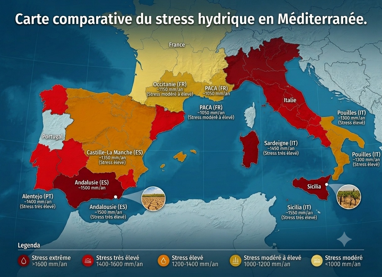 Carte du stress hydrique en Europe méridionale : Andalousie, Occitanie, Sicile, Portugal et autres régions classées par niveau d'évaporation en millimètres par an